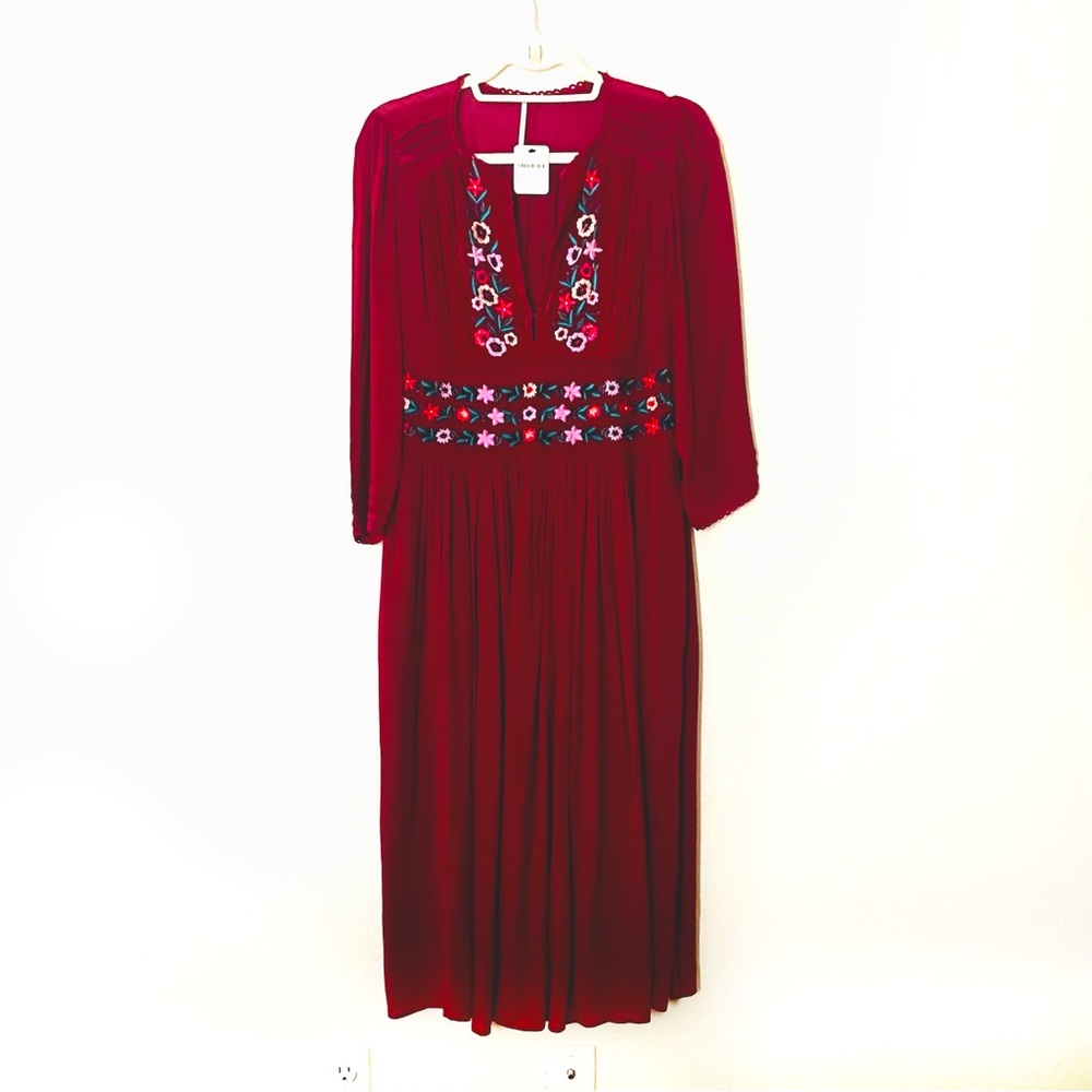 Free People Cranberry V-Neck Midi Dress with Embroidered Flowers, Size S…